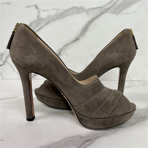 prada taupe suede peep toe pumps|prada leather pumps.